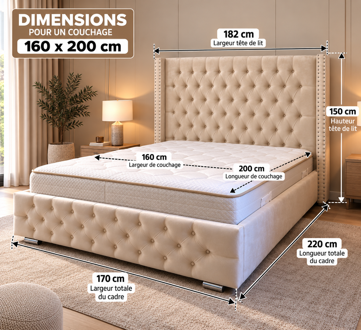 Lit beige capitonné avec matelas et schéma des dimensions pour un couchage de 160 × 200 cm.