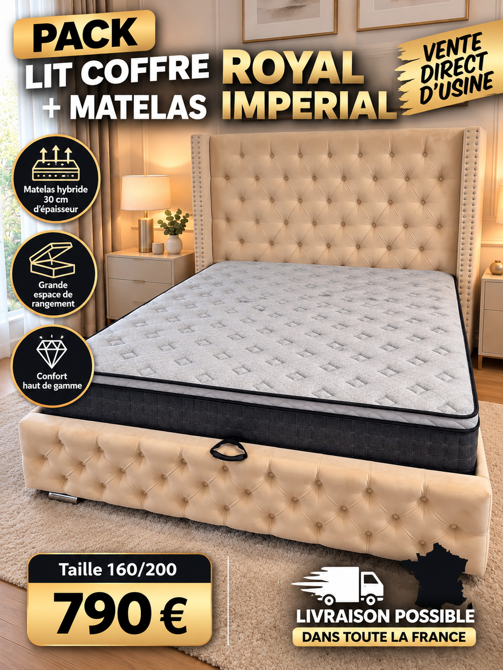 Pack Lit Coffre ROYAL + Matelas IMPERIAL 160/200